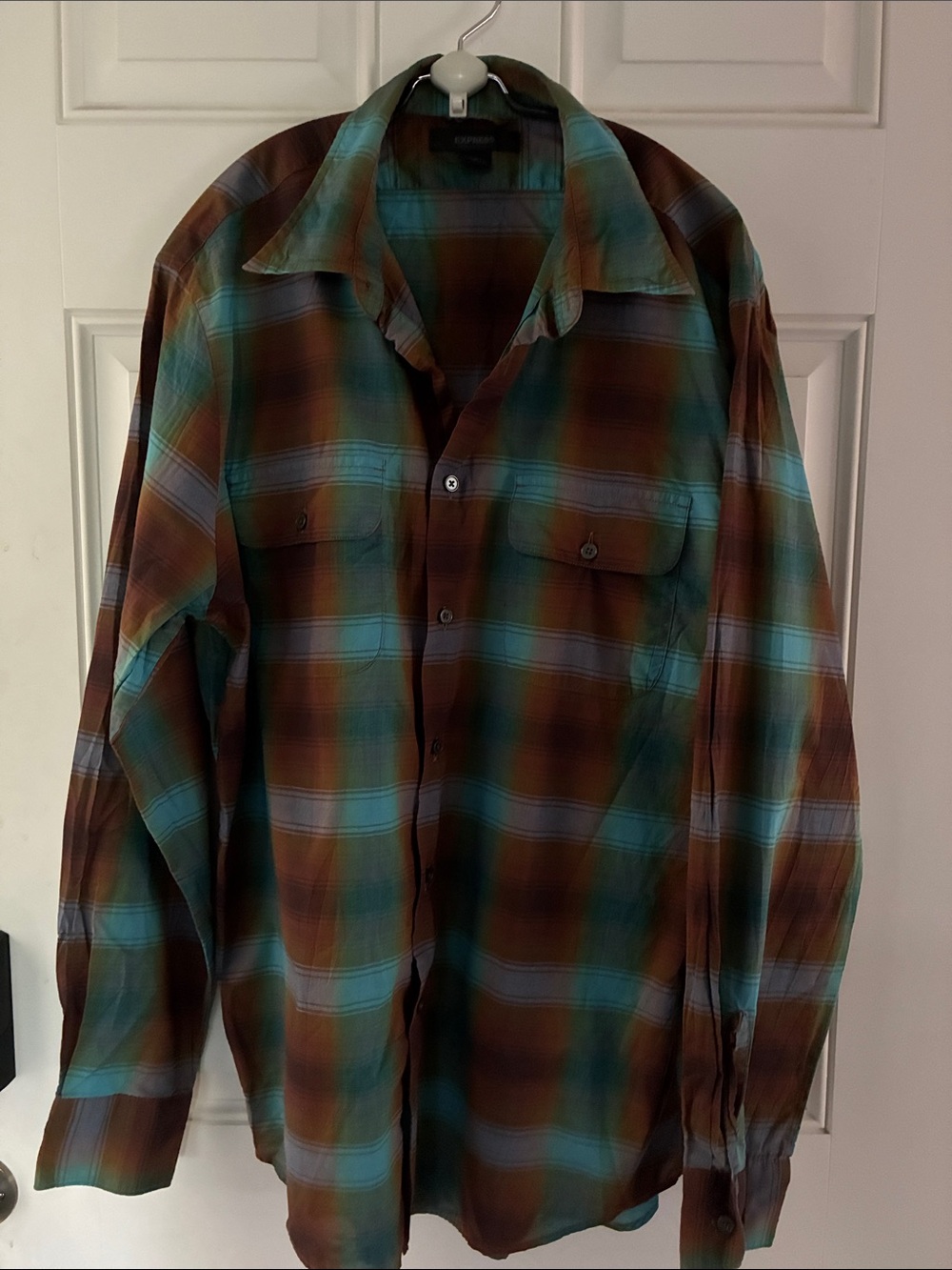 Express Plaid Button-Up Shirt in Teal and Brown